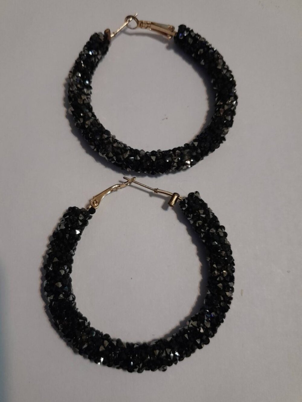 Black Sparkling Hoop Earrings – Faceted Statement Hoops for Pierced Ears